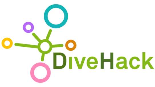 Logo with the text 'DiveHack' and a network of colored circles connected by green lines