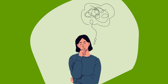 Person with dark hair and blue sweater resting their head on their hand in a thoughtful pose with a speech bubble containing tangled lines above
