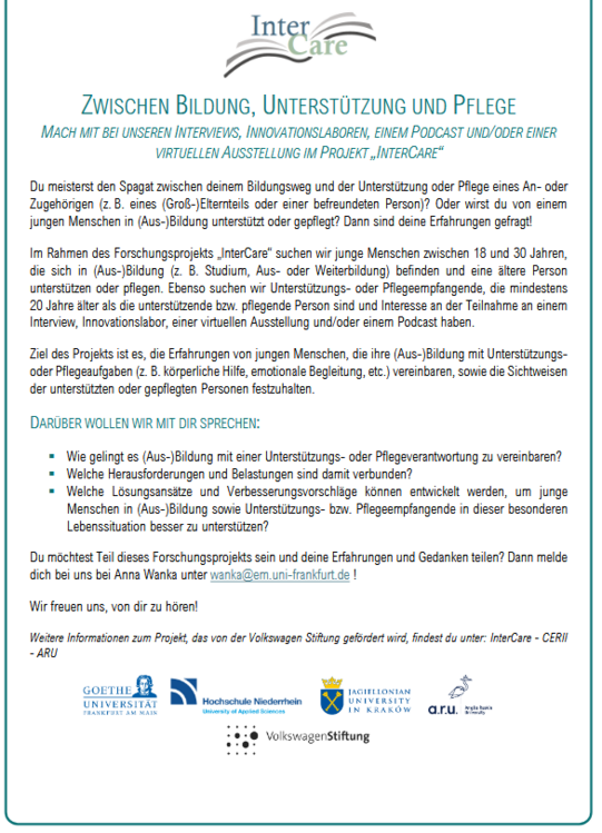 Der Flyer trägt den Titel „InterCare“. Direkt darunter steht der Slogan „ZWISCHEN BILDUNG, UNTERSTÜTZUNG UND PFLEGE“.