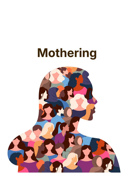 Silhouette of a female head filled with many stylized women's portraits in various skin tones and hairstyles with the word 'Mothering' above