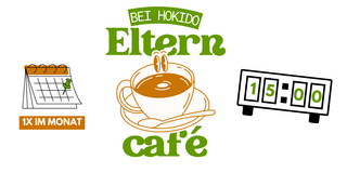 Das Bild zeigt eine Grafik für das "Elterncafé" bei Hokido. Im Mittelpunkt steht eine große, stilisierte Tasse mit dampfendem Getränk, die von fröhlichen Kaffeebohnen begleitet wird. Daneben befindet sich ein Kalenderblatt, auf dem ein grüner Pinnadel die monatliche Veranstaltung markiert. Unter dem Kalender steht der Hinweis "1x im Monat", während rechts eine digitale Uhr die Zeit 15:00 anzeigt.