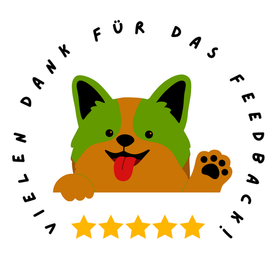 Illustration of a dog with its tongue out and raised paw, surrounded by the text 'Vielen Dank für das Feedback!' and five yellow stars below.