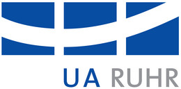 Blaues Logo mit stilisierten, gebogenen Linien über den Buchstaben 'UA' in Blau und 'RUHR' in Grau.