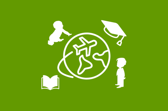 Eine Weltkugel, Kinder, Lernmaterialien und ein Promotionshut.