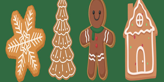 Gingerbread man with green scarf and red buttons, icing bag, gingerbread house, Christmas tree, and snowflake on green background.