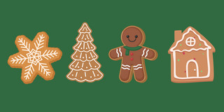 Lebkuchenmännchen mit grünem Schal und roten Knöpfen, daneben Zuckerguss-Tülle, Lebkuchenhaus, Tannenbaum und Schneeflocke auf grünem Untergrund.