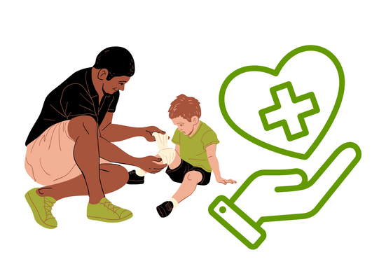 An adult bandages the knee of a seated child next to a green symbol of a heart, cross, and hand.