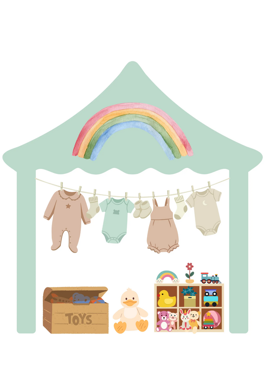Tent with rainbow pattern, clothesline with baby clothes, toy box, and shelf with toys and stuffed animals