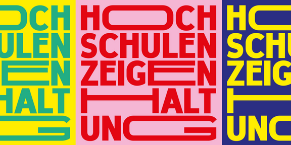 Drei farbige Rechtecke mit den Worten 'HOCHSCHULEN ZEIGEN HALT' in gelb-grün, rot und gelb-blau.