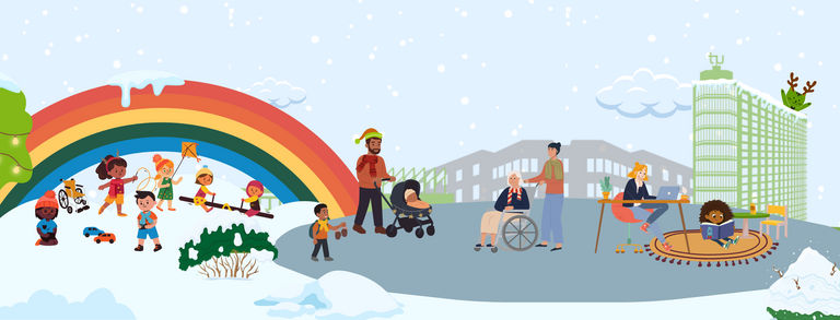 Mehrere Kinder spielen im Schnee vor einem Regenbogen, daneben sind Erwachsene mit Rollstuhl, Rollator und Kinderwagen auf einem Gehweg neben einem Hochhaus mit Rentier-Dekoration.
