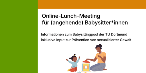 Illustration of a seated woman and a child playing next to a toy house on a green background with text about an online lunch meeting for prospective babysitters at TU Dortmund