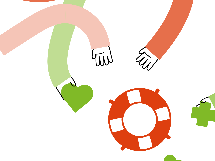 Mehrere stilisierte Arme in verschiedenen Farben, die nach einem Rettungsring greifen, umgeben von kleinen Symbolen wie Herz und Puzzle-Teil