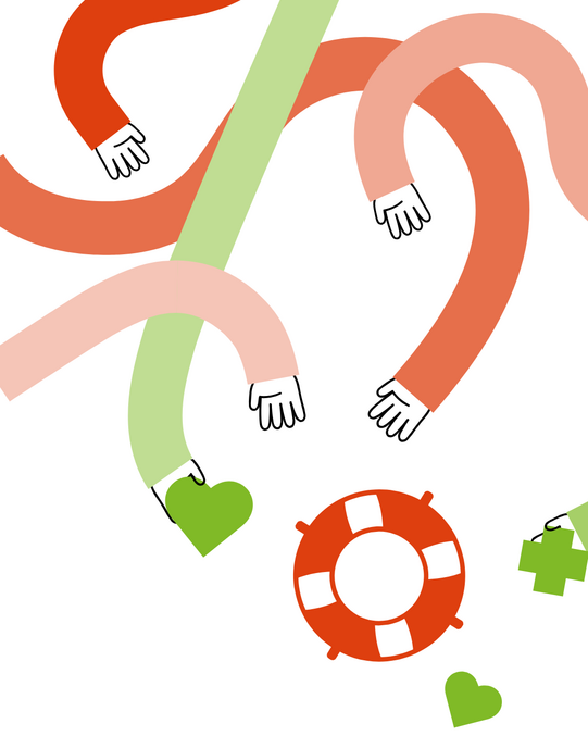 Several stylized arms in different colors reaching for a lifebuoy surrounded by small symbols like a heart and a puzzle piece
