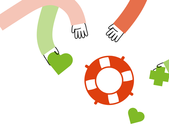 Mehrere stilisierte Arme in verschiedenen Farben, die nach einem Rettungsring greifen, umgeben von kleinen Symbolen wie Herz und Puzzle-Teil