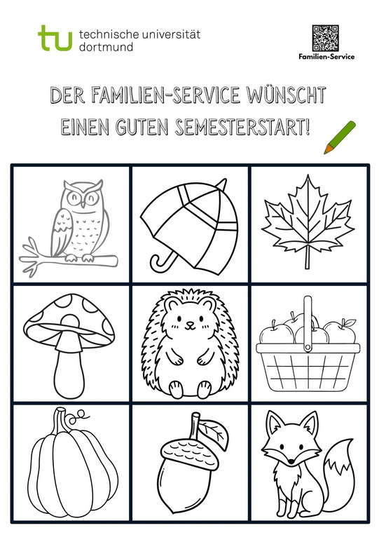 Black-and-white line drawing with nine autumn-themed images in a grid below text 'DER FAMILIEN-SERVICE WÜNSCHT EINEN GUTEN SEMESTERSTART' and logos of Technische Universität Dortmund and Familien-Service