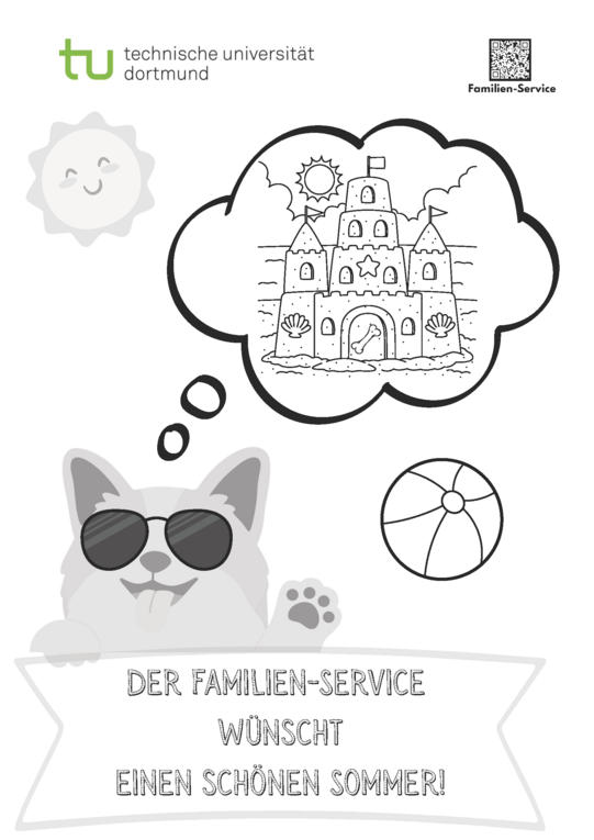 Black-and-white line drawing of a cat wearing sunglasses imagining a sandcastle, with a beach ball nearby and text 'DER FAMILIEN-SERVICE WÜNSCHT EINEN SCHÖNEN SOMMER!'