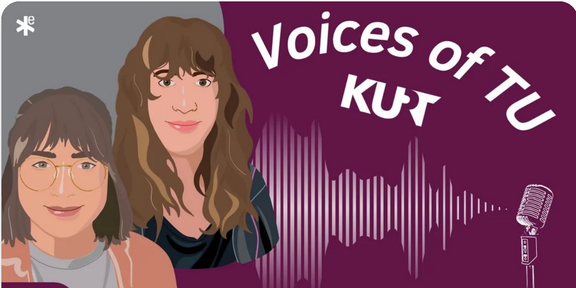 Avatare von Nicole Jansen und Kaya Gödeke. Daneben vor lilanem Hintergrund in weißer Schrift Voices of TU KURT. Darunter Schallwellen und ein Piktogramm eines Mikros.