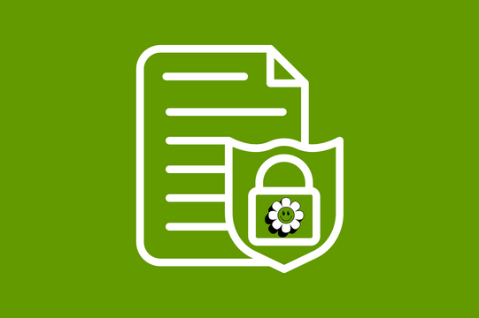 White line drawing of a document with a shield displaying a padlock featuring a smiley face and a flower.