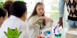 In einem hellen und freundlichen Raum arbeiten mehrere Personen an einem Experiment. Im Vordergrund hält eine Jugendliche ein Reagenzglas mit einer grünen Flüssigkeit in der Hand. Auf dem Tisch vor ihr steht ein Gestell mit verschiedenen Reagenzgläsern, die unterschiedliche, lebendige Farben enthalten. Neben den Reagenzgläsern stehen einige Erlenmeyerkolben und Bechergläser, die ebenfalls gefüllt sind. Die Atmosphäre ist konzentriert und kreativ, während die anderen Anwesenden aufmerksam beobachten und sich austauschen. Ein fröhliches Kätzchen-Design ist im Bild integriert, was dem Szenario einen spielerischen Touch verleiht.