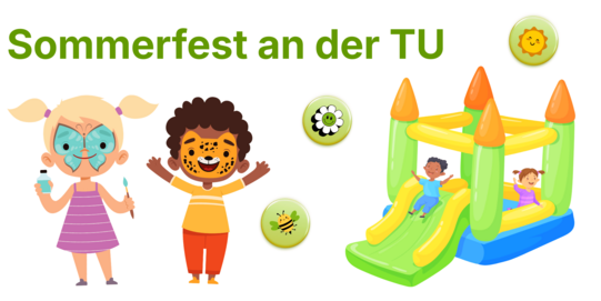 Illustration showing two children in animal costumes and an inflatable bouncy castle with a slide