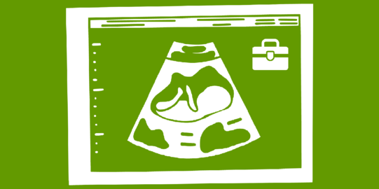 Pictogram of an ultrasound image of a baby in the womb with a briefcase on top