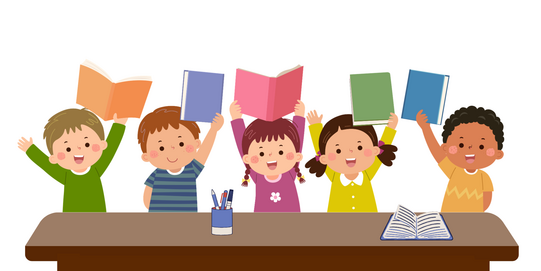 Five children sit at a table holding up books, with a cup of pens and an open book on the table.