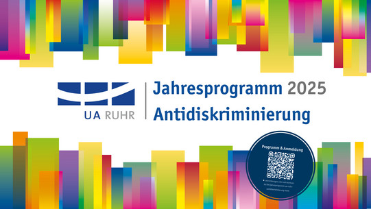 “UA Ruhr Annual Program 2025 Anti-Discrimination” is written on a colorful striped background.