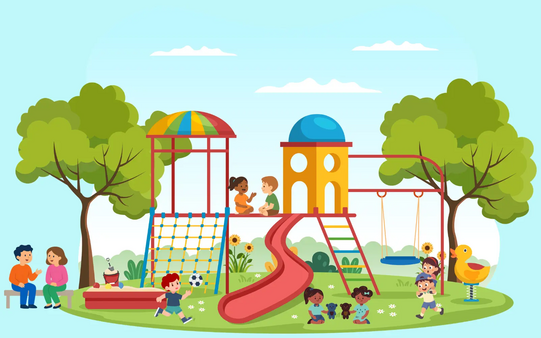 Playground with slide, climbing frame, swing, sandbox, several children playing, and trees in the background