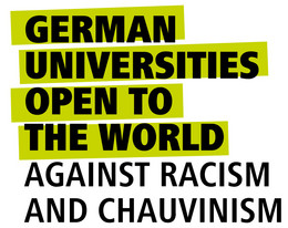 'GERMAN UNIVERSITIES OPEN TO THE WORLD' in black text on yellow background, with 'AGAINST RACISM AND CHAUVINISM' below in black text.