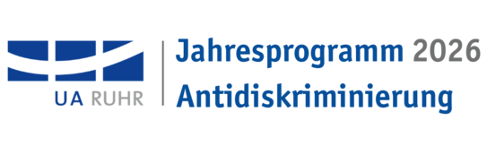 Logo with stylized blue bridge on the left and the text 'UA RUHR Jahresprogramm 2026 Antidiskriminierung' on the right