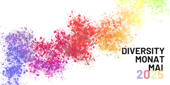 Bunte Farbtupfer in Regenbogenfarben über das ganze Bild verteilt. Als Text steht diversity Monat Mai 2025.