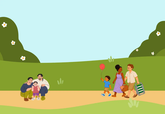 Two groups of people on a path in a green park area, one group with two adults and a child, the other with a child, a woman, and a man carrying a picnic basket and a camping chair.
