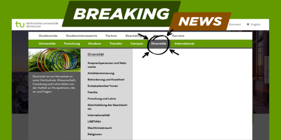 Screenshot of the TU Dortmund website with the “Diversity” section highlighted. On the left is a photo of colorful circles in green surroundings, and on the right is a list of topics such as anti-discrimination, disability, family, and LGBTQI+.