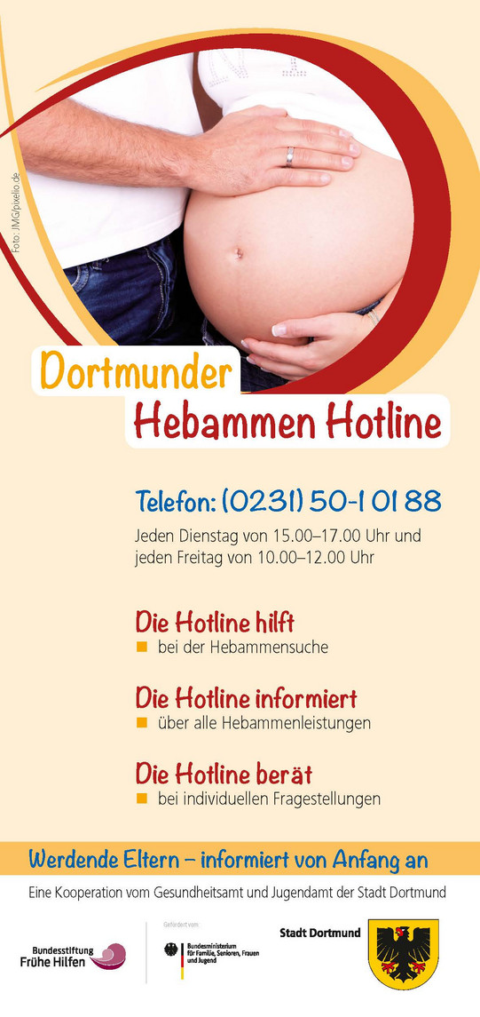 Pregnant belly held by two hands framed by an orange arc with text below about the Dortmund midwife hotline including phone number and service hours.