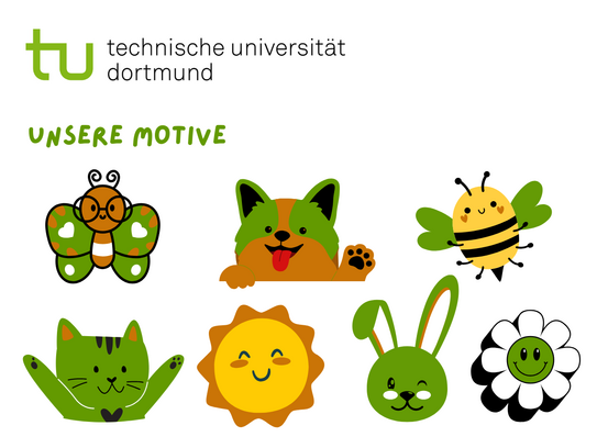 Sechs bunte, stilisierte Tier- und Pflanzenmotive: Schmetterling, Hund, Biene, Katze, Sonne und Hase, dazu eine schwarz-weiße Blume mit grünem Gesicht.