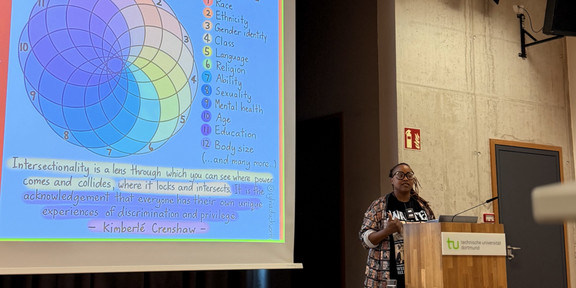 Dr. Rahab Njeri steht an einem Rednerpult in einem Hörsaal vor einer Leinwand mit einer farbigen Grafik zum Thema Intersektionalität