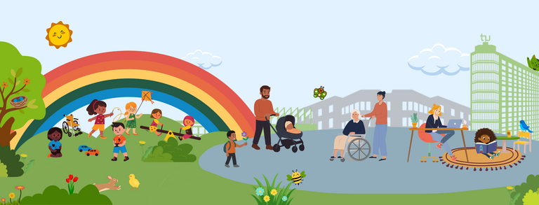 Colorful illustration of an inclusive campus park with children playing.