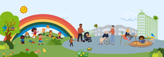 Header_HP-Familie_Fruelingsedition Bunte Illustration eines inklusiven Campusparks mit spielenden Kindern