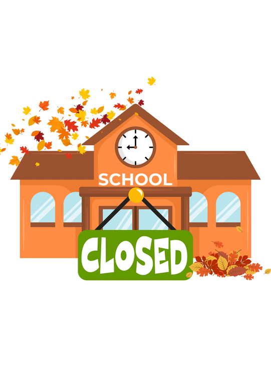 School building with clock and green sign reading 'CLOSED' surrounded by falling autumn leaves