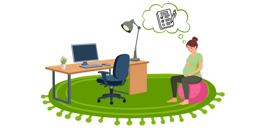 Pregnant woman sitting on an exercise ball in front of a desk with a computer thinking about an exam task