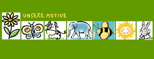 Flower, butterfly, cow, elephant, bee and sun