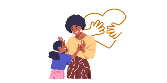 Woman and child face each other and touch hands in front of a heart shape made of two hands in the background