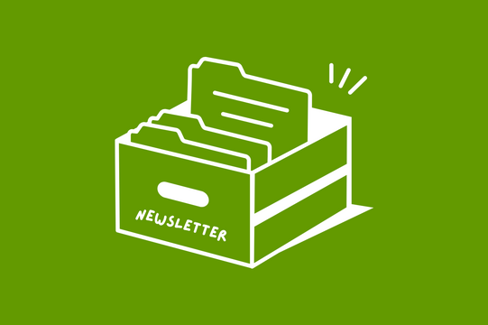 Green illustration of a filing box with multiple documents, 'NEWSLETTER' written on the front.