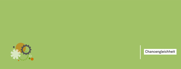 Green background with a small, stylized graphic in the lower left corner, composed of geometric shapes in white, gray, orange, and green. In the lower right, a white rectangle contains the black text 'Chancengleichheit'.