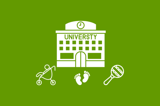 Ein Universitätsgebäude, vor dem ein Kinderwagen steht.