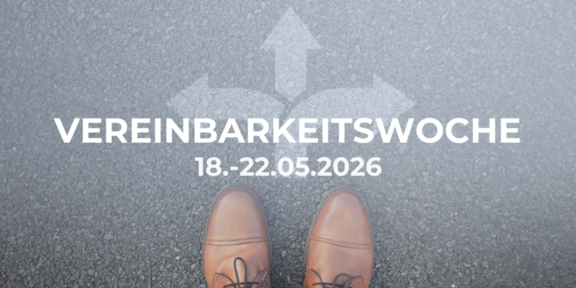 Two brown leather shoes stand on gray asphalt. Above the shoes, a white directional symbol with three arrows points left, straight ahead, and right. Large white uppercase letters spell 'VEREINBARKEITSWOCHE' above the arrows, with '18.-22.05.2026' in smaller text below. The upper part of the background appears slightly misty or brightened.