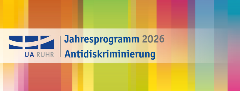 Rectangular banner with the UA Ruhr logo on the left and the text 'Jahresprogramm 2026 Antidiskriminierung' against a multicolored vertical striped background.