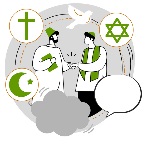 Two men in traditional religious clothing shaking hands surrounded by symbols of Christianity, Islam, and Judaism, with a dove above them representing peace.