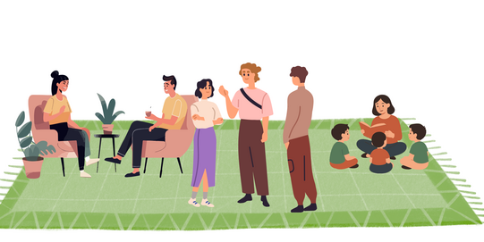 Several adults and children sitting and standing on a rug in a room with plants