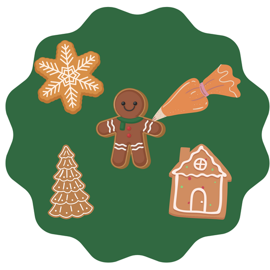 Five decorated gingerbread cookies: a snowflake star, a gingerbread man with a green scarf, a Christmas tree, a gingerbread house, and a piping bag.